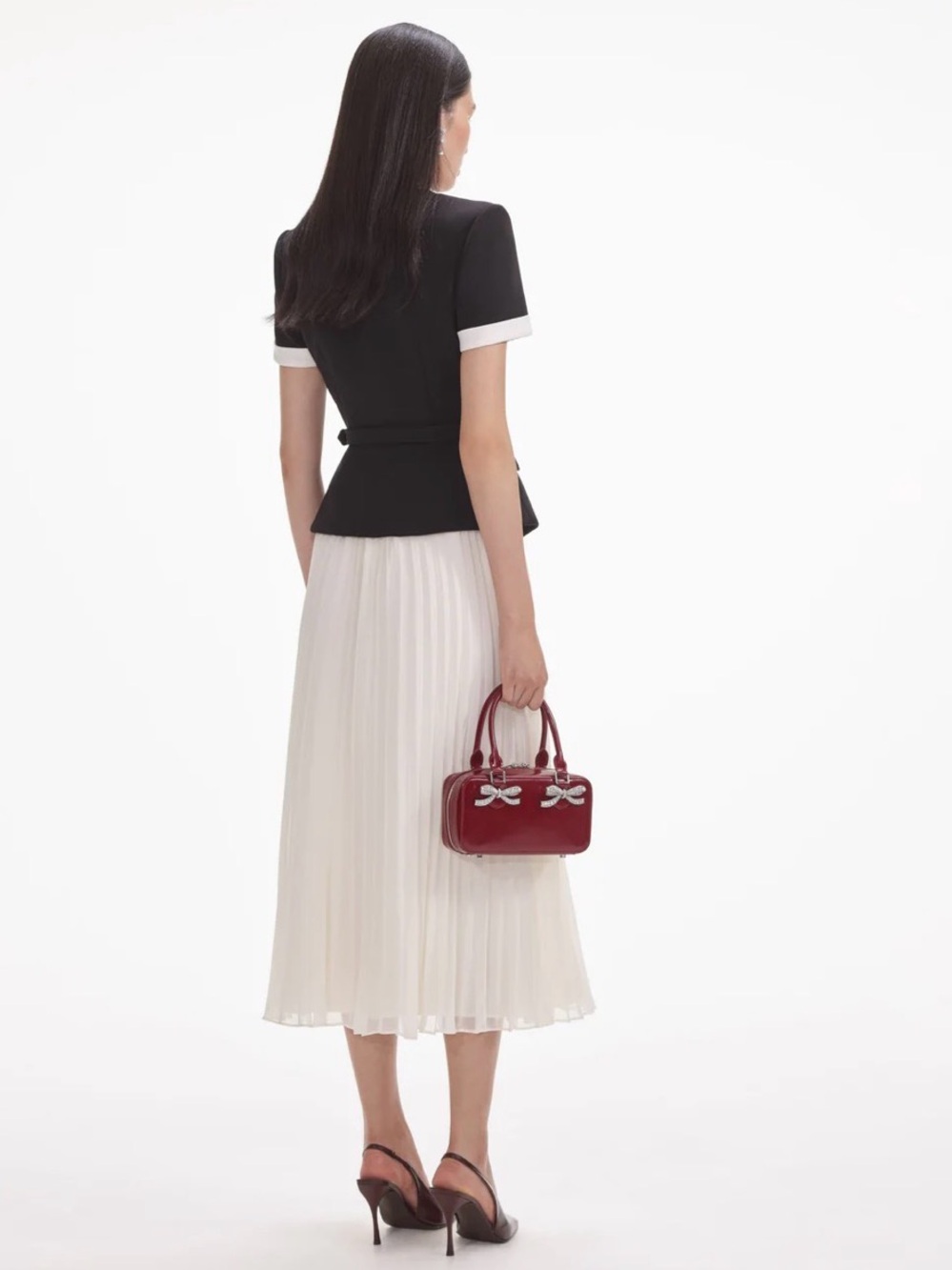 Self-Portrait Black and Cream Midi Dress with Pleated Skirt - Picture 3 of 9